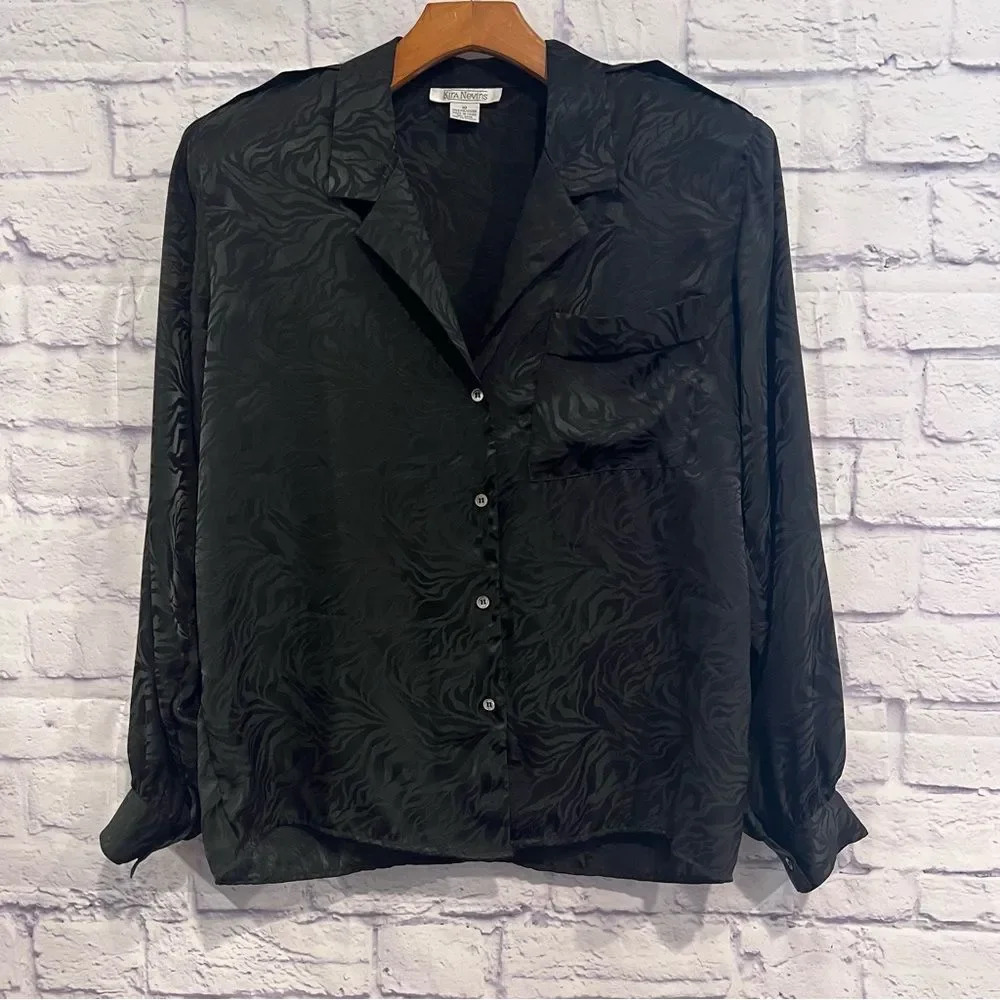 Vintage 80s Kira Nevins Long Sleeve‎ Zebra Print Down Blouse Size 10